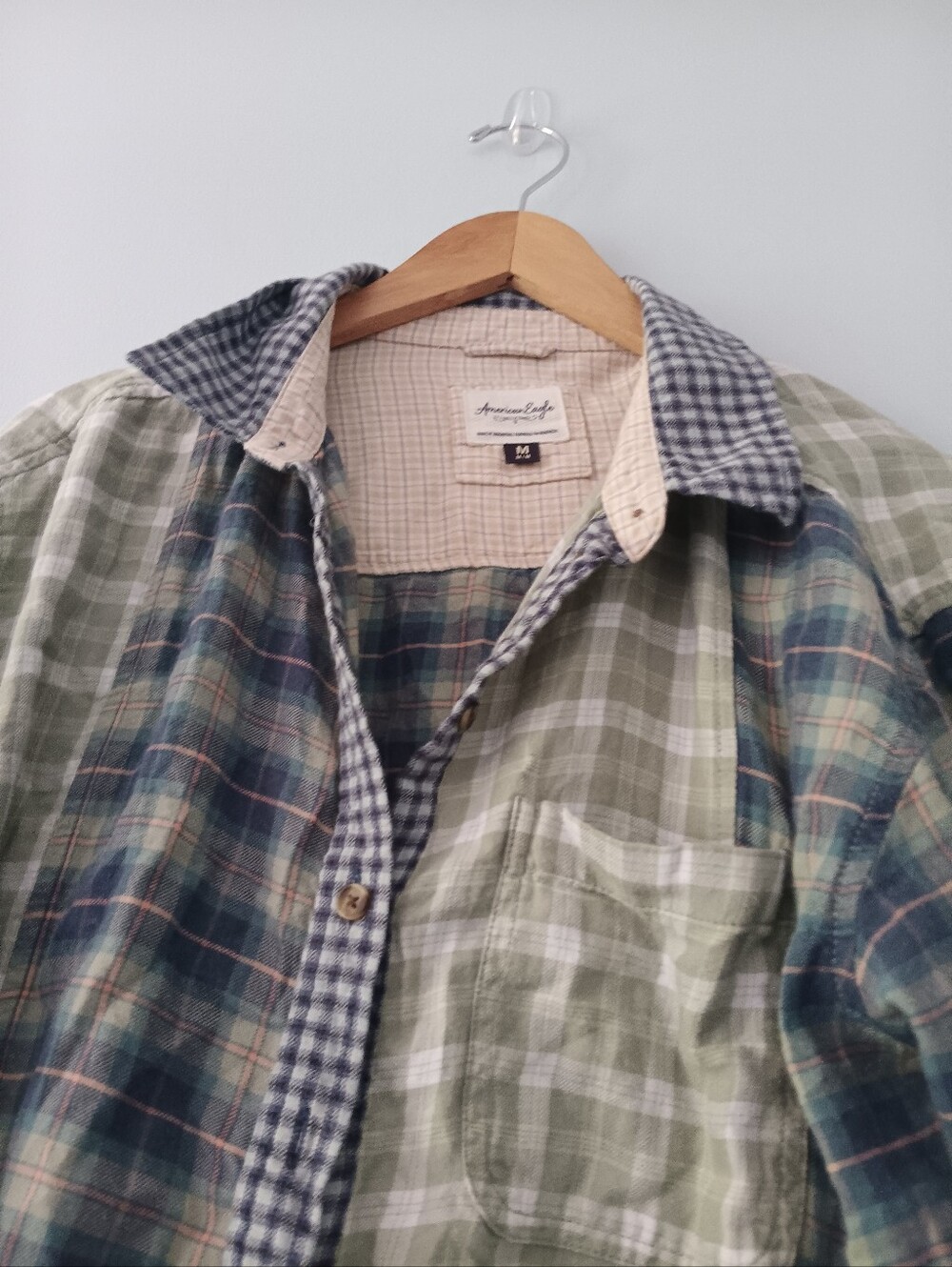 American Eagle Plaid Patchwork Button Shirt M Grunge Indie Distressed - Picture 3 of 6